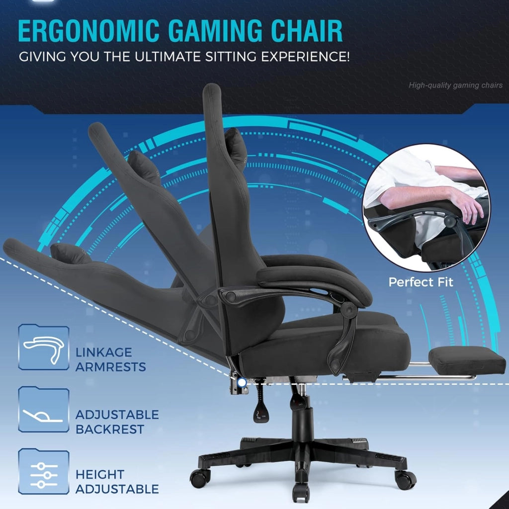 Sedia da gioco in tessuto,ergonomica per computer,con poggiapiedi e supporto lombare, regolabile in altezza,per casa e ufficio,con sedile girevole a 360° e poggiatesta,carico 180 kg (nero)