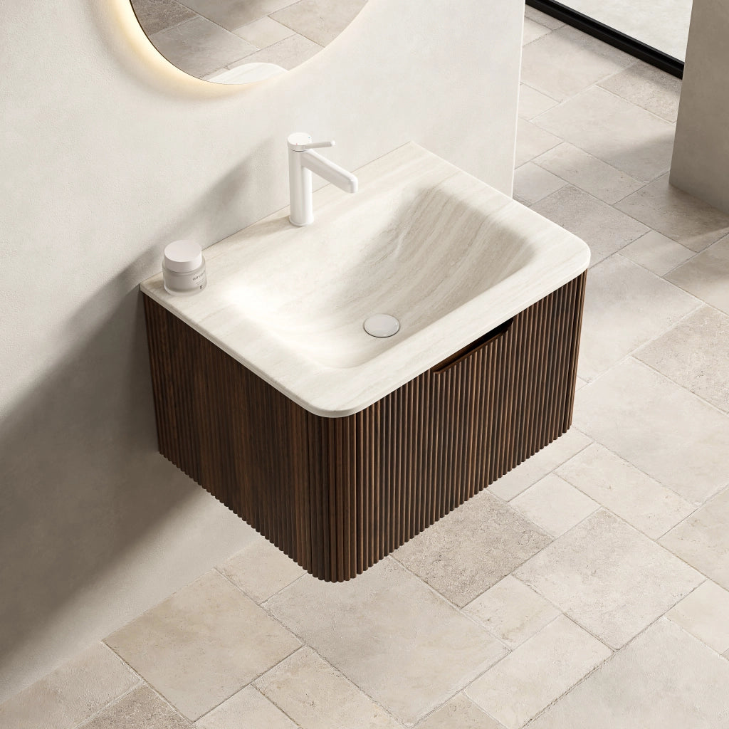 MOBILE BAGNO con lavabo integrato in pietra sinterizzata Beige e Noce
