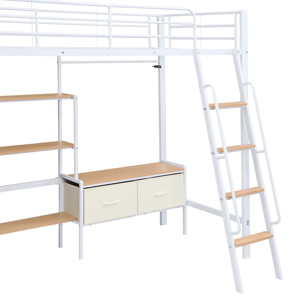 Letto a soppalco in ferro e MDF 90x200 cm con scrivania, 2 box in tessuto e scaffale, bianco naturale
