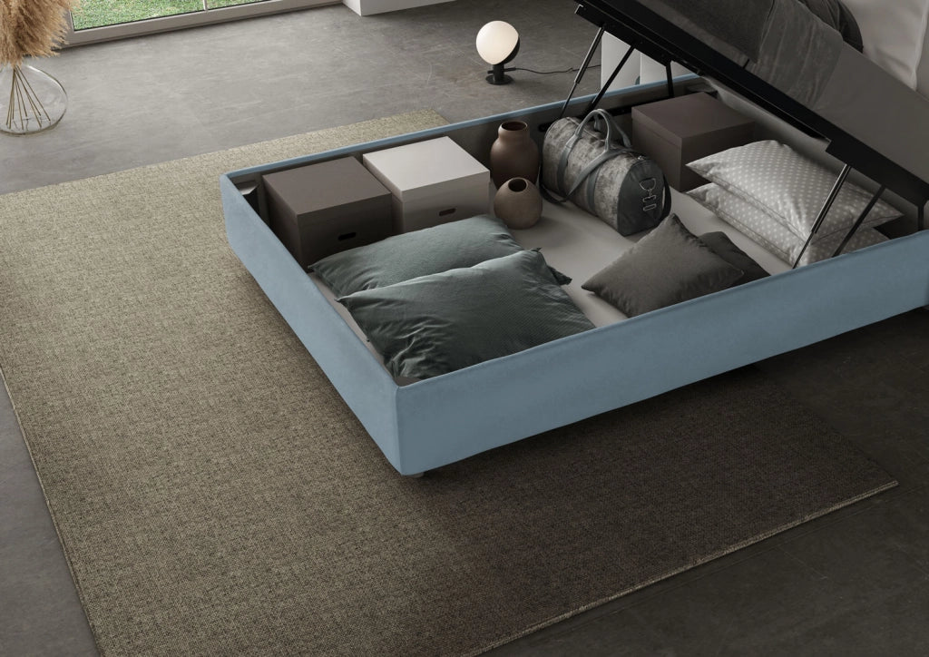 BS COM Letto matrimoniale francese contenitore imbottito 140x190 microfibra azzurro