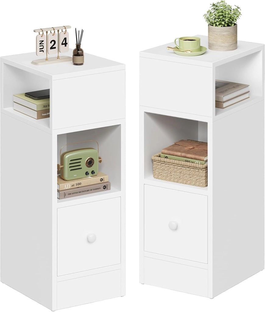 Set di 2 Comodino Stretto, Comodino con 2 Scomparti a Giorno e Cassetto, Tavolino da Notte 25x30x66cm, Mobile Salvaspazio per Camera da Letto, Soggiorno, in Truciolato, Bianco, 0179ZZ-2