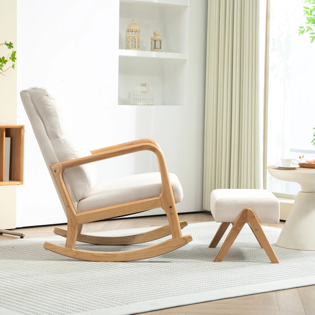 Poltrona Dondolo con Pouf ¨C Zephmum ¨C Tessuto Boucl¨¦, Legno, Cremewei?