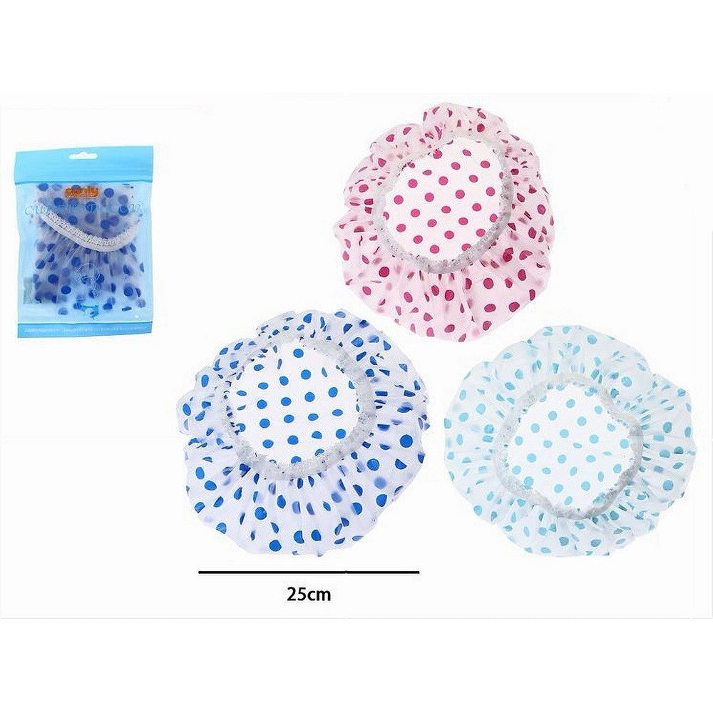Trade Shop - Set 3pz Cuffia Per Doccia Bagno Elastico Con Pois Colorati Protegge Capelli 87177 -