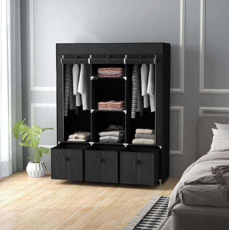 Armadio in tessuto 125x43x162.5 cm con 2 aste e 5 ripiani in acciaio nero