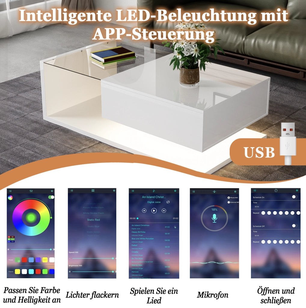 Tavolino da caffè bianco lucido con vetro e LED 105x55 cm