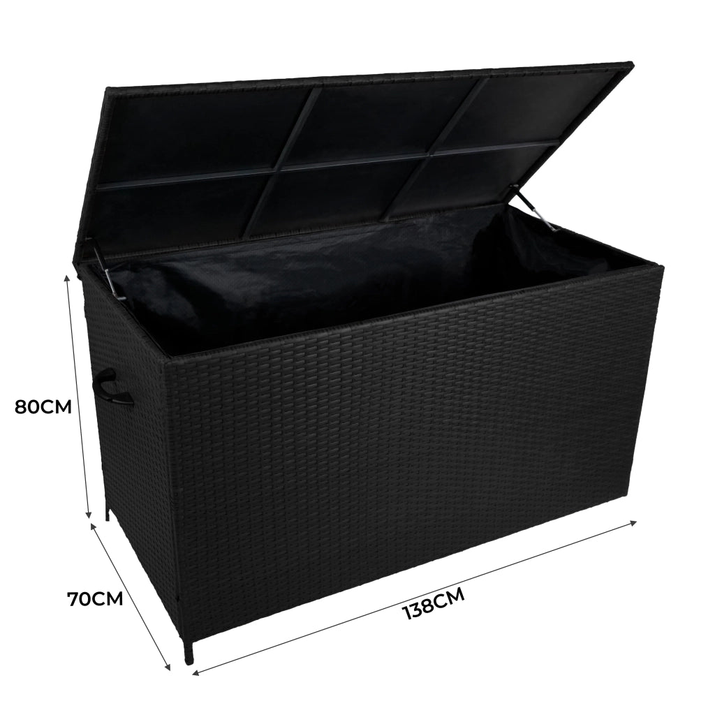 Set Mobili da Giardino Bianco in Alluminio con Cassapanca Rattan Nera 582L Divano Angolare