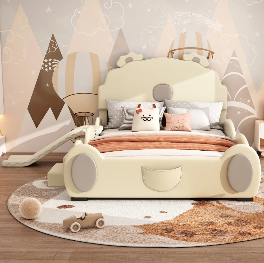 Letto per bambini 140x200 cm con scivolo e scala; PU; beige