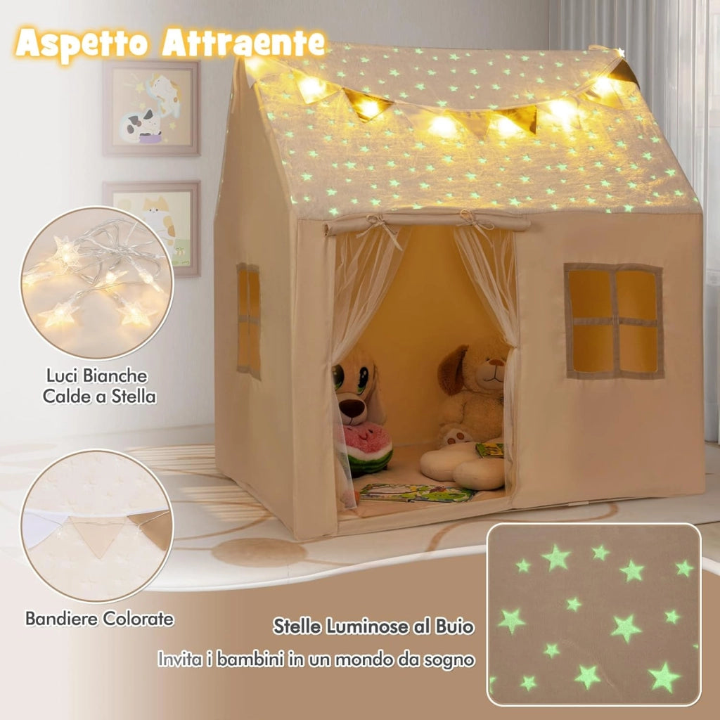 Tenda Casetta per Bambini con Tetto Stellato Luminoso nel Buio, Tenda per Bambini con Luci e Bandierine, Tenda da Gioco con Porta, 2 Finestre e Tappetino, per Interno ed Esterno (Beige)