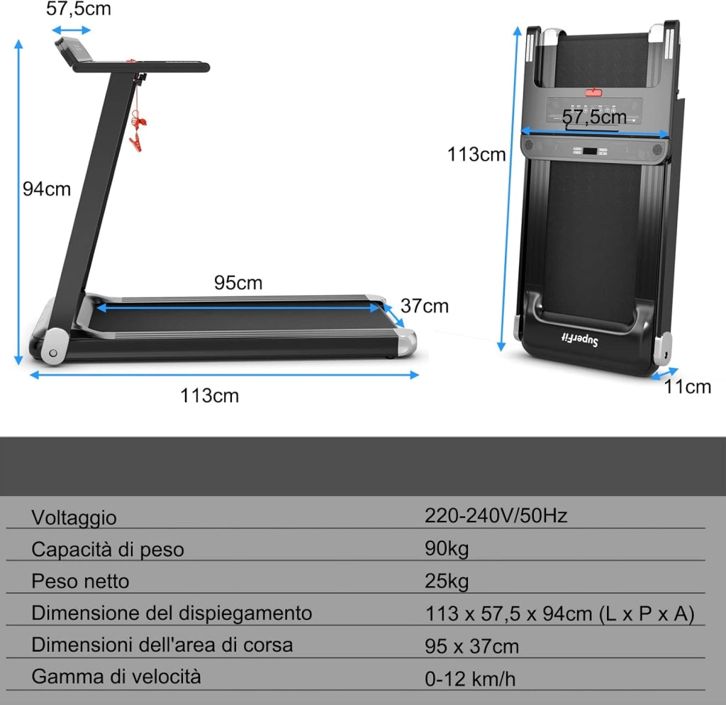 Tapis Roulant Elettrico Pieghevole Salvaspazio, Tapis Roulant con Controllo APP, 12 Programmi Preimpostati, Schermo LED e Porta Dispositivi e Bluetooth, Velocità 1-12 km/h