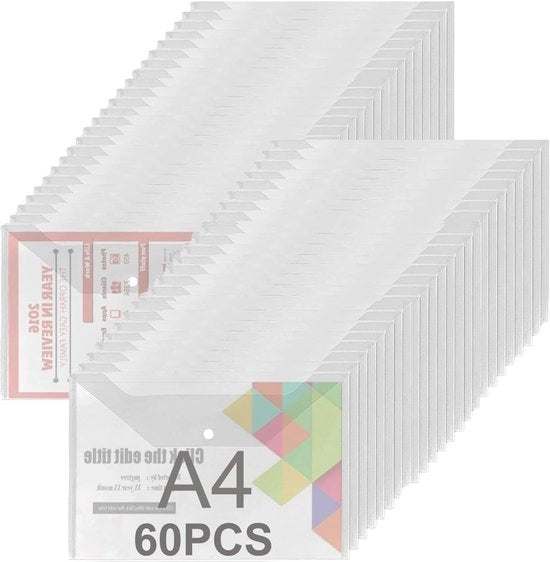 Map per documenti A4 con chiusura a pressione trasparente, 60 pezzi, con finestra di visibilità per organizzare documenti.