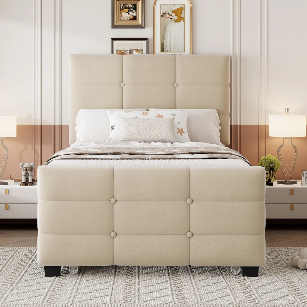 Letto Singolo Imbottito con Letto Estraibile ¨C MINIMAL ¨C Velluto Beige 90x190