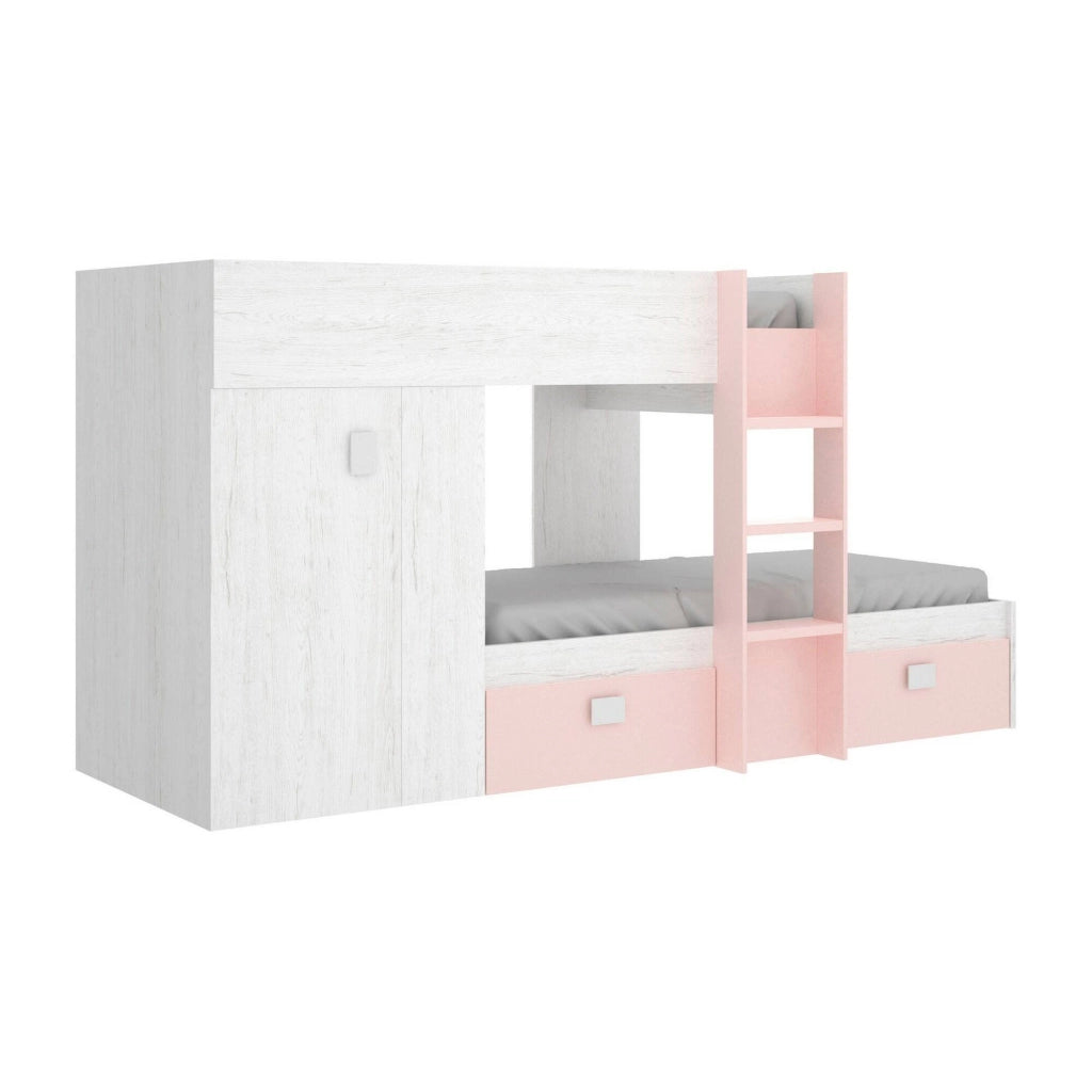 Letto per bambini Araba, Cameretta completa con armadio e cassetti, Composizione letto a castello con due lettini singoli, 271x111h150 cm, Bianco e Rosa