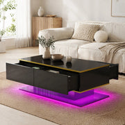 Tavolino da caffè moderno 100 x 50 x 40 cm nero lucido con LED; 3 cassetti e dettagli oro