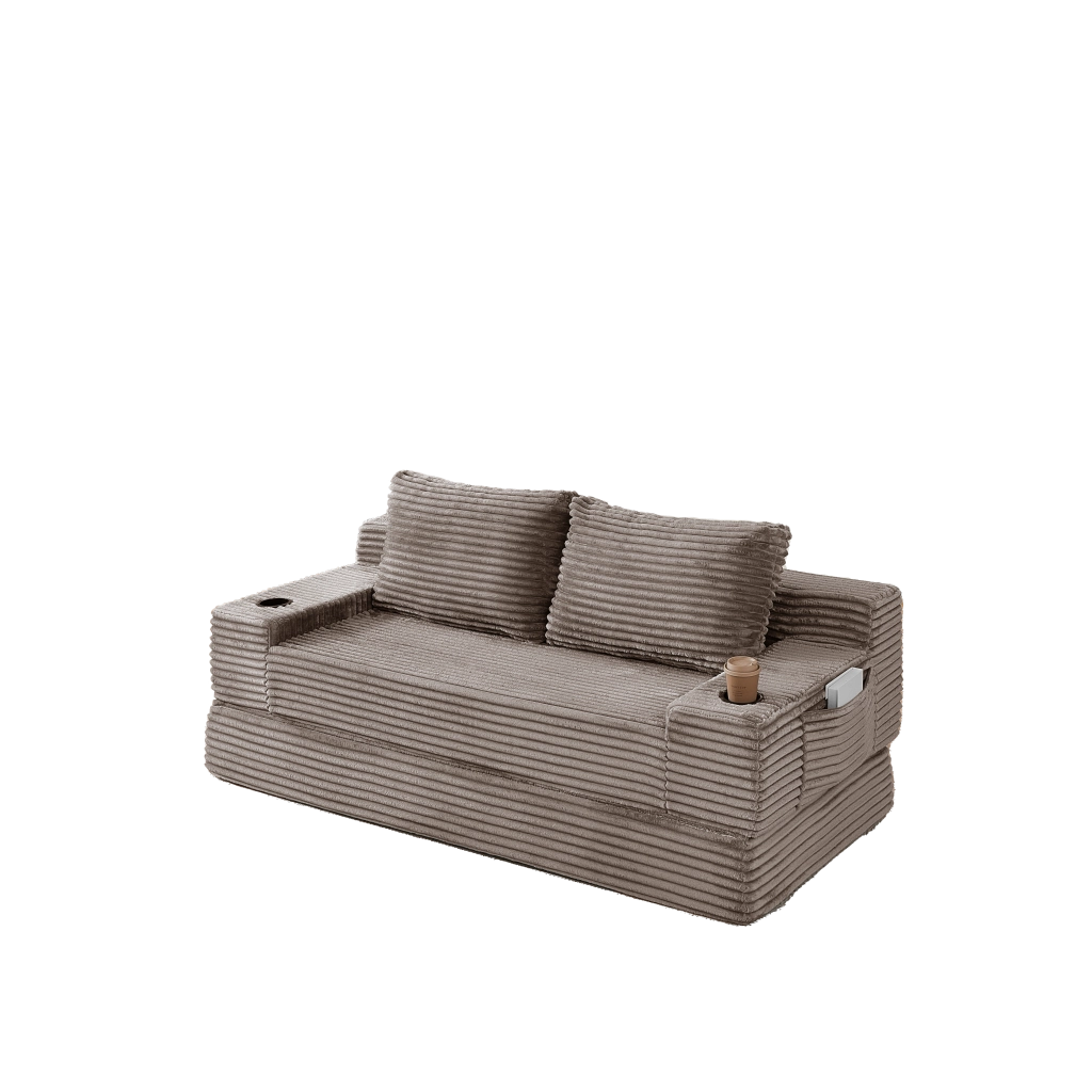 Divano letto 2 in 1 in velluto a coste marrone con portabevande laterali