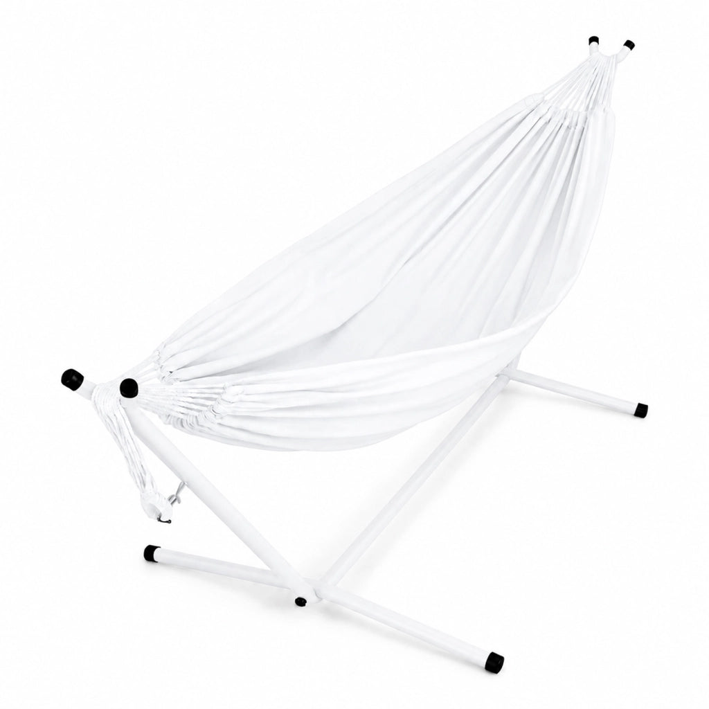 Amaca Brasiliana Con Supporto In Acciaio Altezza Regolabile Telo Cotone Da Esterno Per Giardino Balcone Piscina 100 x 110 x 265 Cm Bianco
