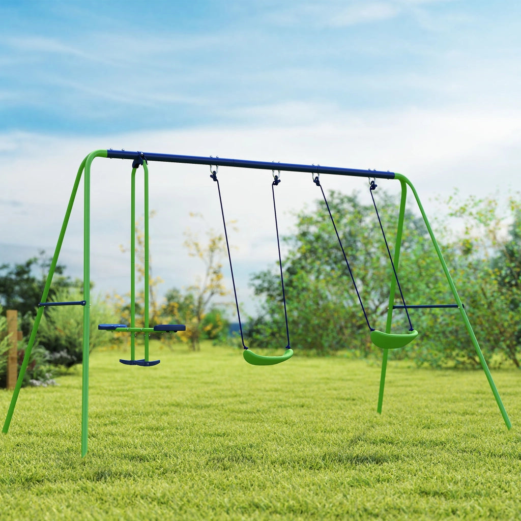 Altalena Doppia con 2 Singole per Bambini ¨C zephmum ¨C Verde Blu Metallo PE 280x140x178 cm