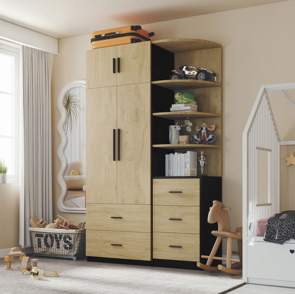 Armadio con 5 cassetti e barra appendiabiti 110 x 40 x 186 cm; naturale e nero