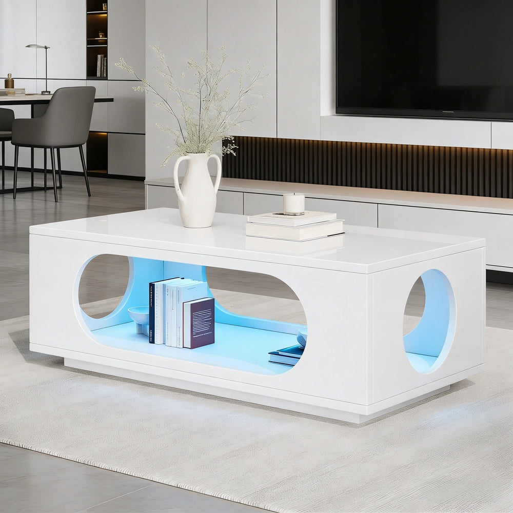 Tavolino da Caff¨¨ con LED ¨C MINIMAL ¨C MDF Bianco Lucido, 100x50x35