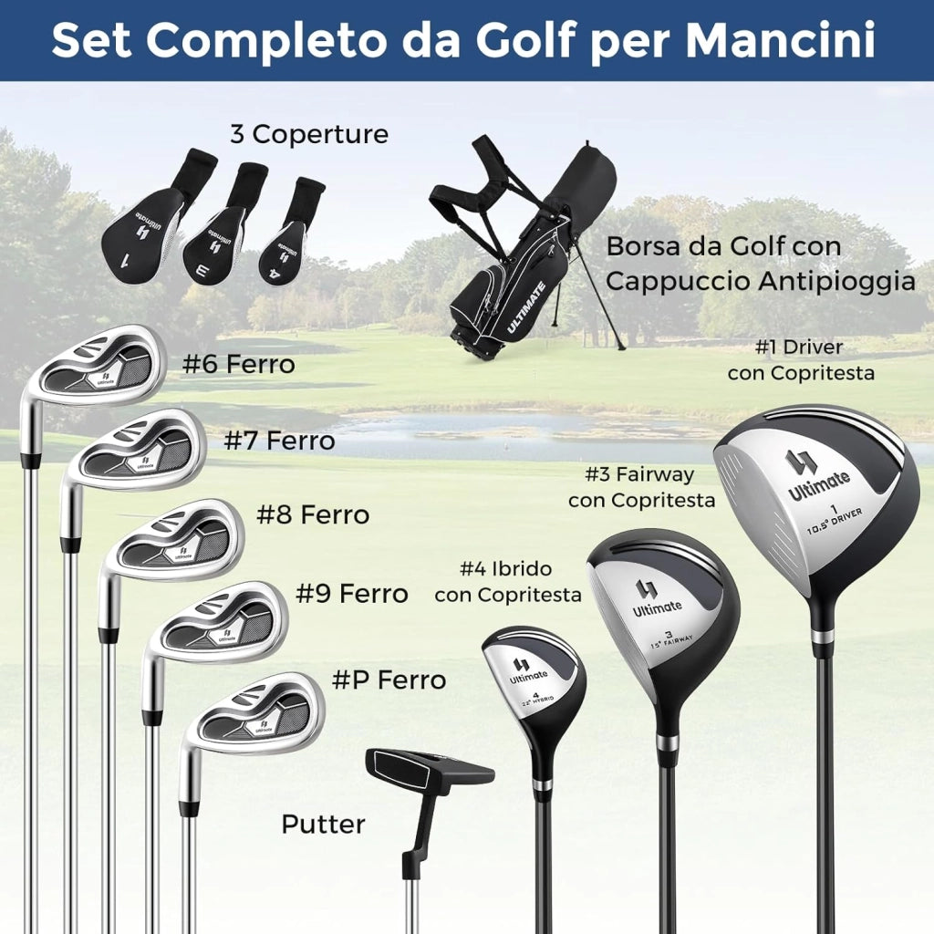 Set Completo di Mazze da Golf per Mancini da Uomo, Borsa Portatile con Supporto e Cappuccio Antipioggia, Include Driver 1 da 460CC, Fairway 3, Ibrido 4, Ferri 6, 7, 8, 9, P e Putter