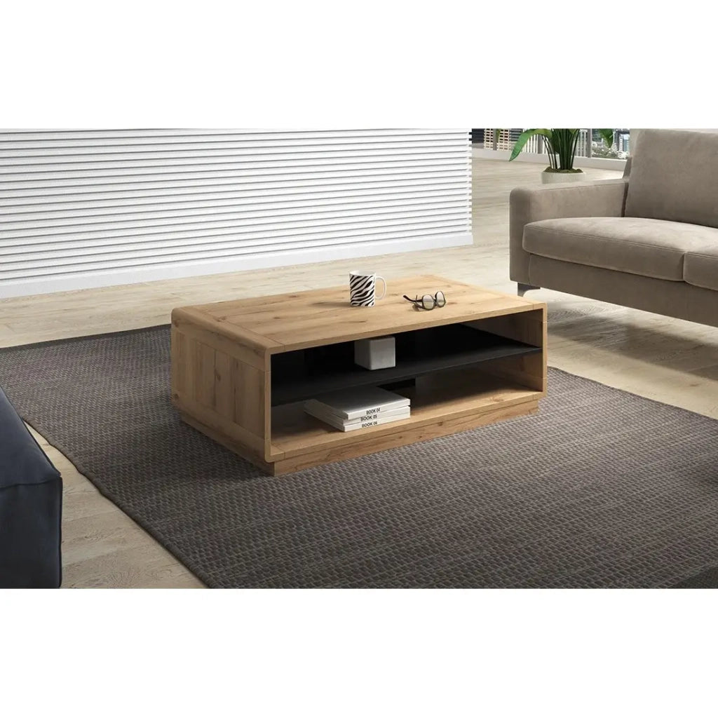 Tavolino VILLA – Rettangolare 120x60 cm – Rovere e nero – Con nicchie di stoccaggio