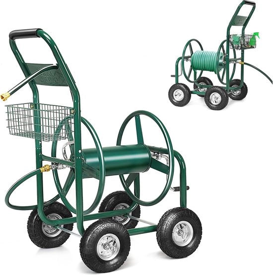 Carrello per tubi di irrigazione, 80 m, per tubi 5/8 pollici, carrello per tubi con cesta, supporto per tubi in metallo, carrello per tubi con tubo di connessione 189 cm