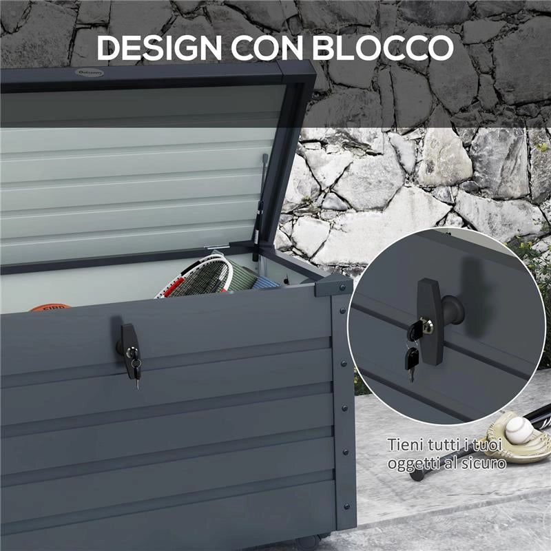 BAULE DA ESTERNO DA 295L CON SERRATURA E 2 MANIGLIE IN ACCIAIO ZINCATO 100X62X65 CM GRIGIO SCURO