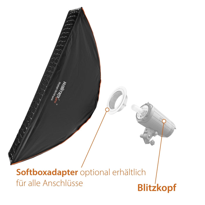 Studio Line Striplight SB QA - Softbox per luce radente, superficie 30x140cm, profondità 49,5cm, pieghevole, con griglia, diffusore interno ed esterno, anello di velocità