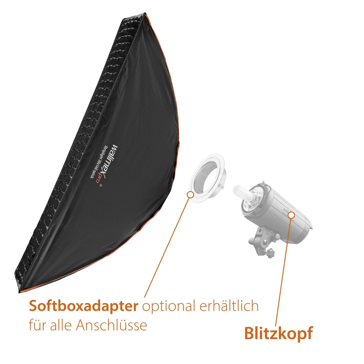 Studio Line Striplight SB QA - Softbox per luce radente, superficie 30x140cm, profondità 49,5cm, pieghevole, con griglia, diffusore interno ed esterno, anello di velocità