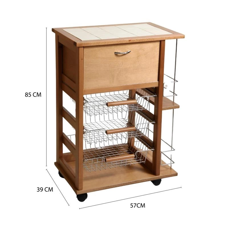 CARRELLO VESUVIO PORTAPANE+PORTABOTTIGLIE ROVERE IN FAGGIO BASE INFERIORE MULTISTRATO DI BETULLA 1 CASSETTO 3 CESTELLI PIANO MATTONELLE IN CERAMICA