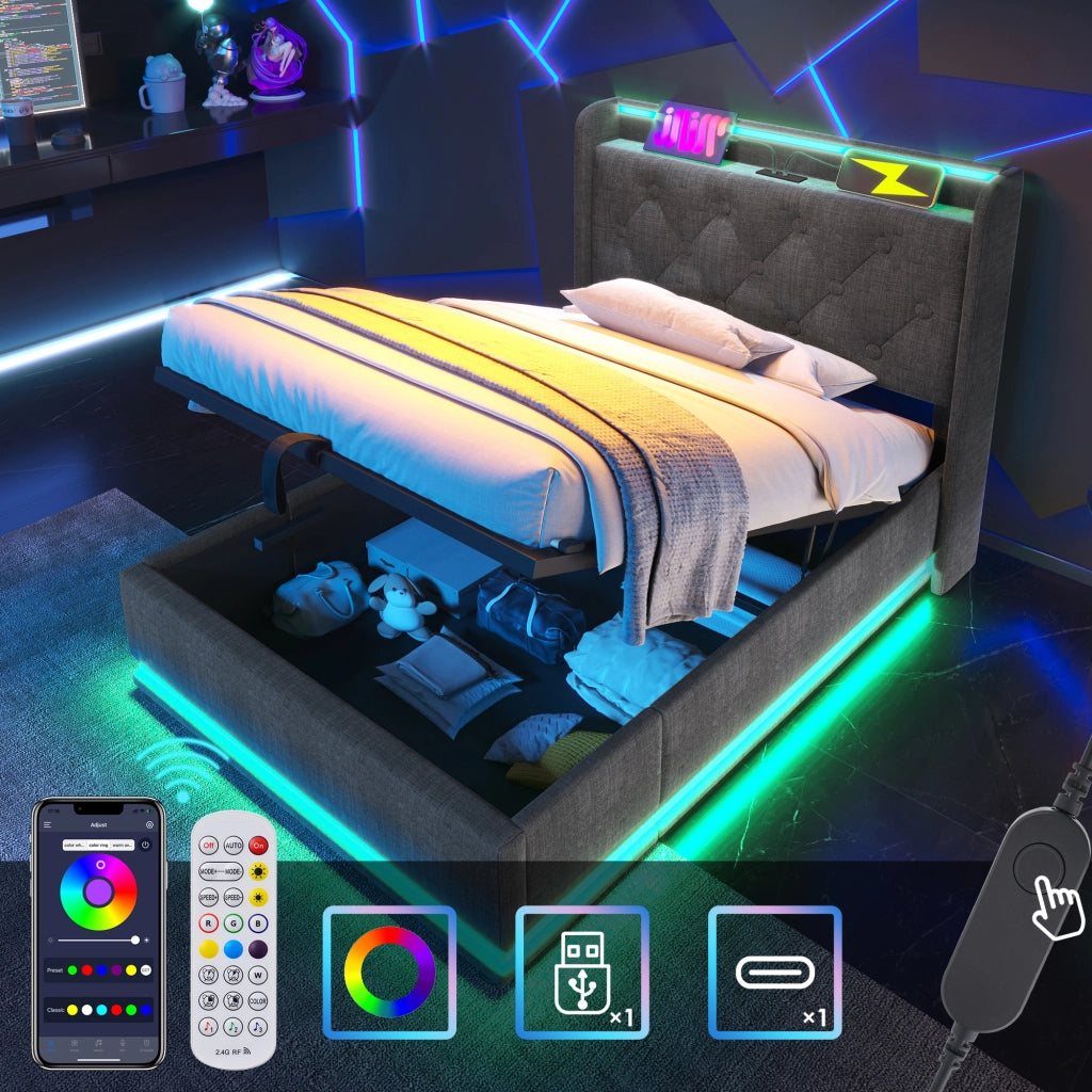 LETTO 90x200 cm in lino grigio con LED, USB Type-C e testiera imbottita