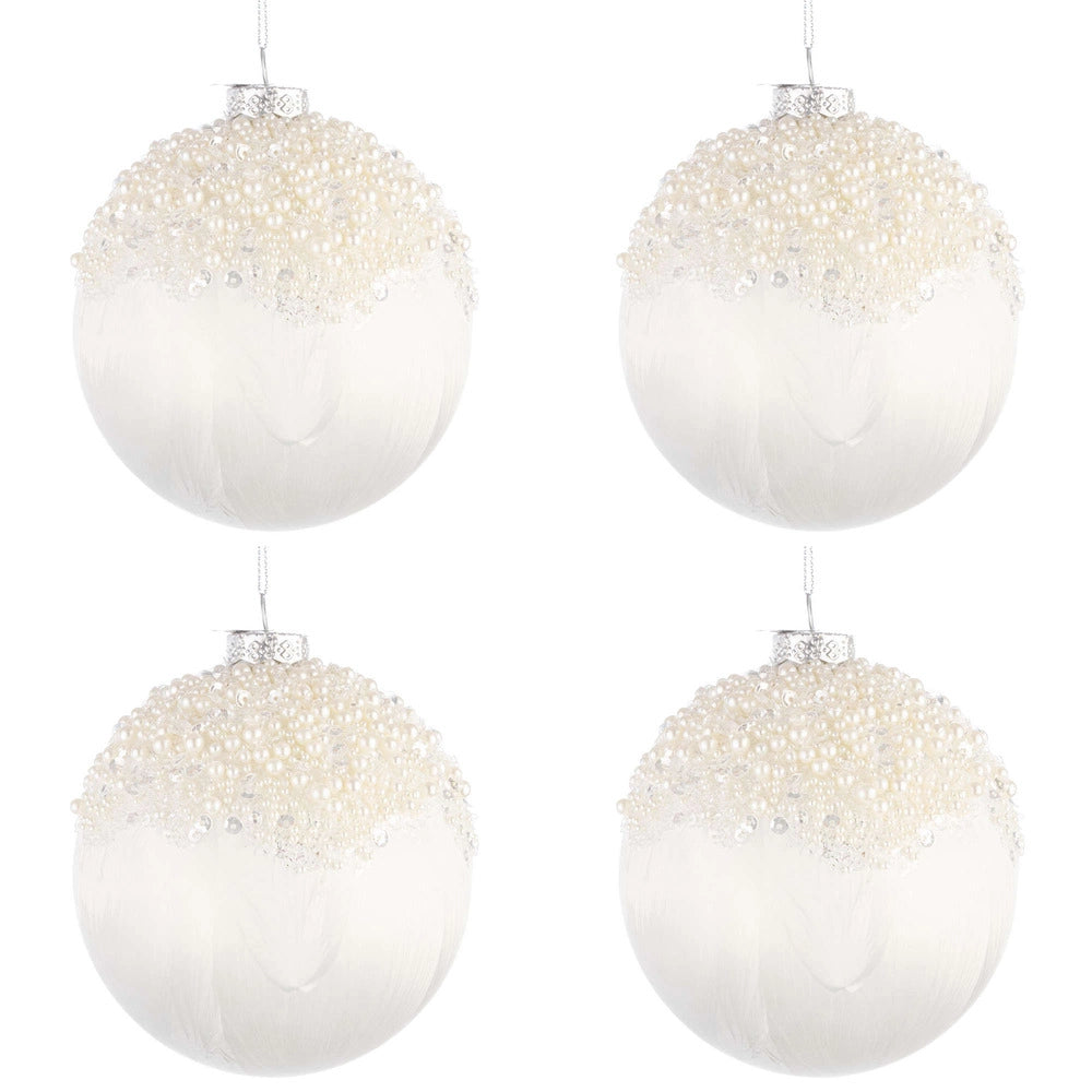 Palline di Natale in Vetro Bianco con Perline Voguish Diametro: 100 mm