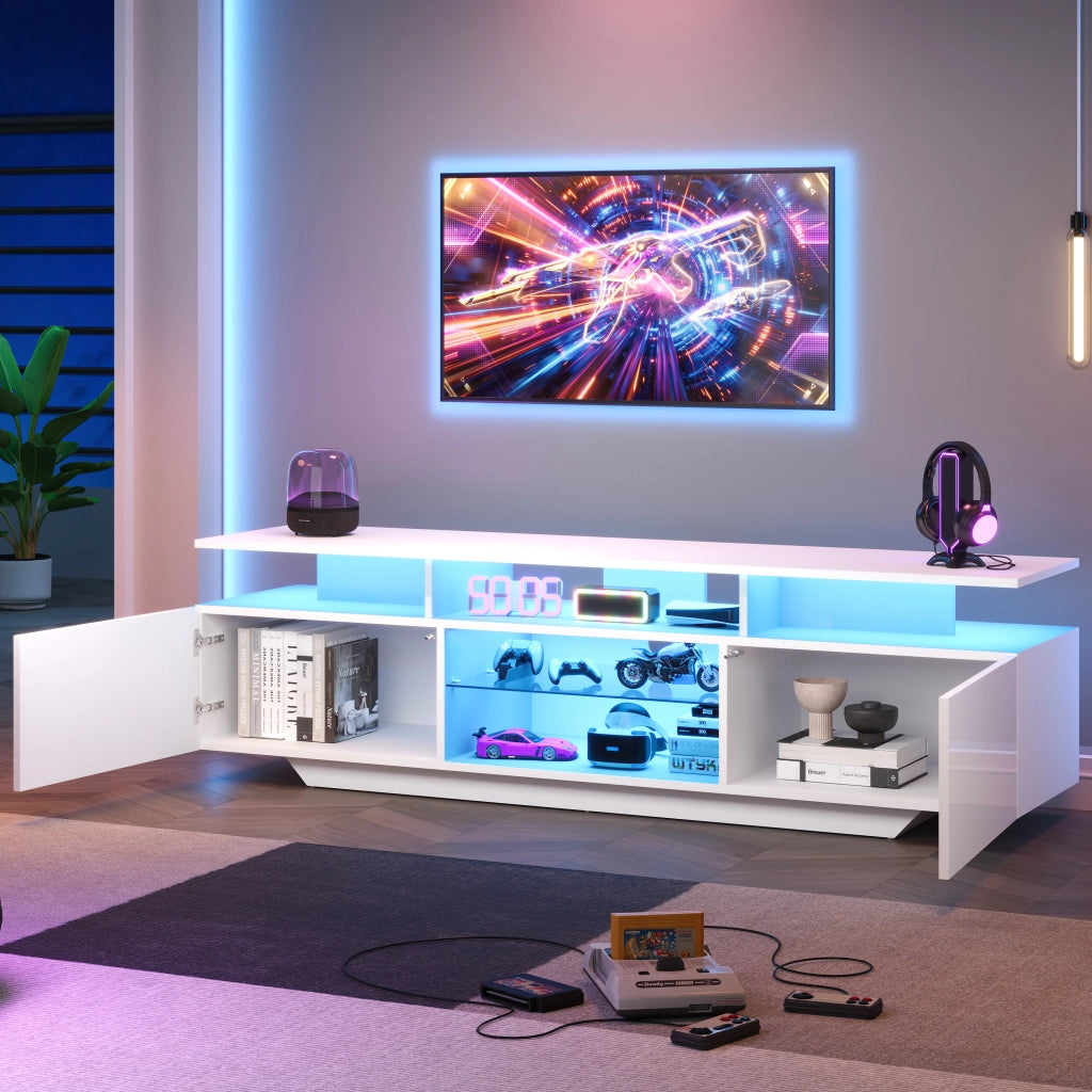 Mobile porta TV con 2 armadietti, LED controllato da app, ripiani in vetro temperato, MDF bianco 160 × 40 × 45 cm
