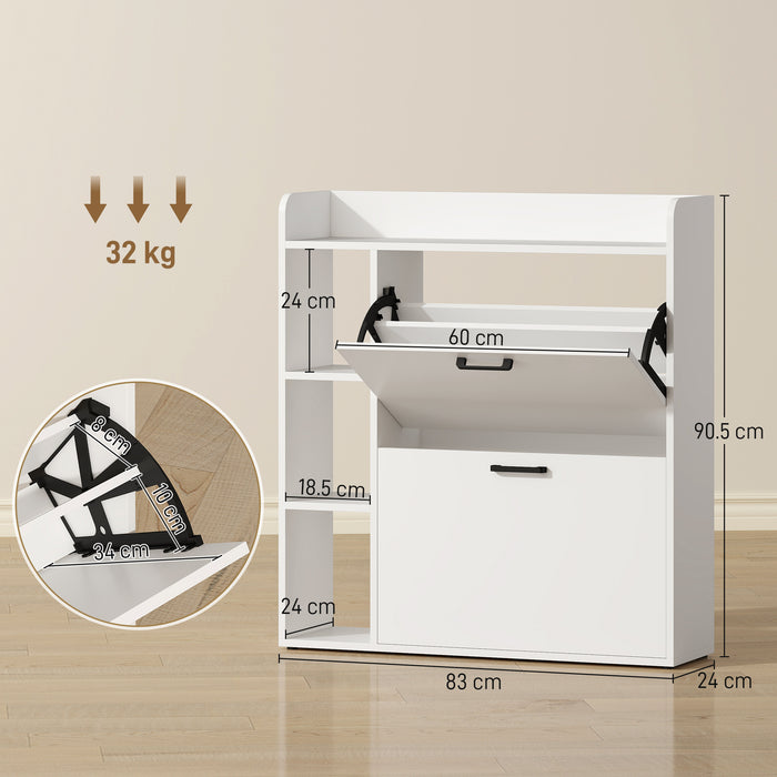 Scarpiera Slim 83x24x90.5 cm per 15 Scarpe con 2 Cassetti Ribaltabili e 3 Vani Aperti Bianco