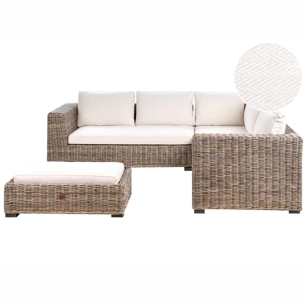 Set di divani da giardino in rattan naturale grigio a 5 posti con tavolino per ottomano e cuscini