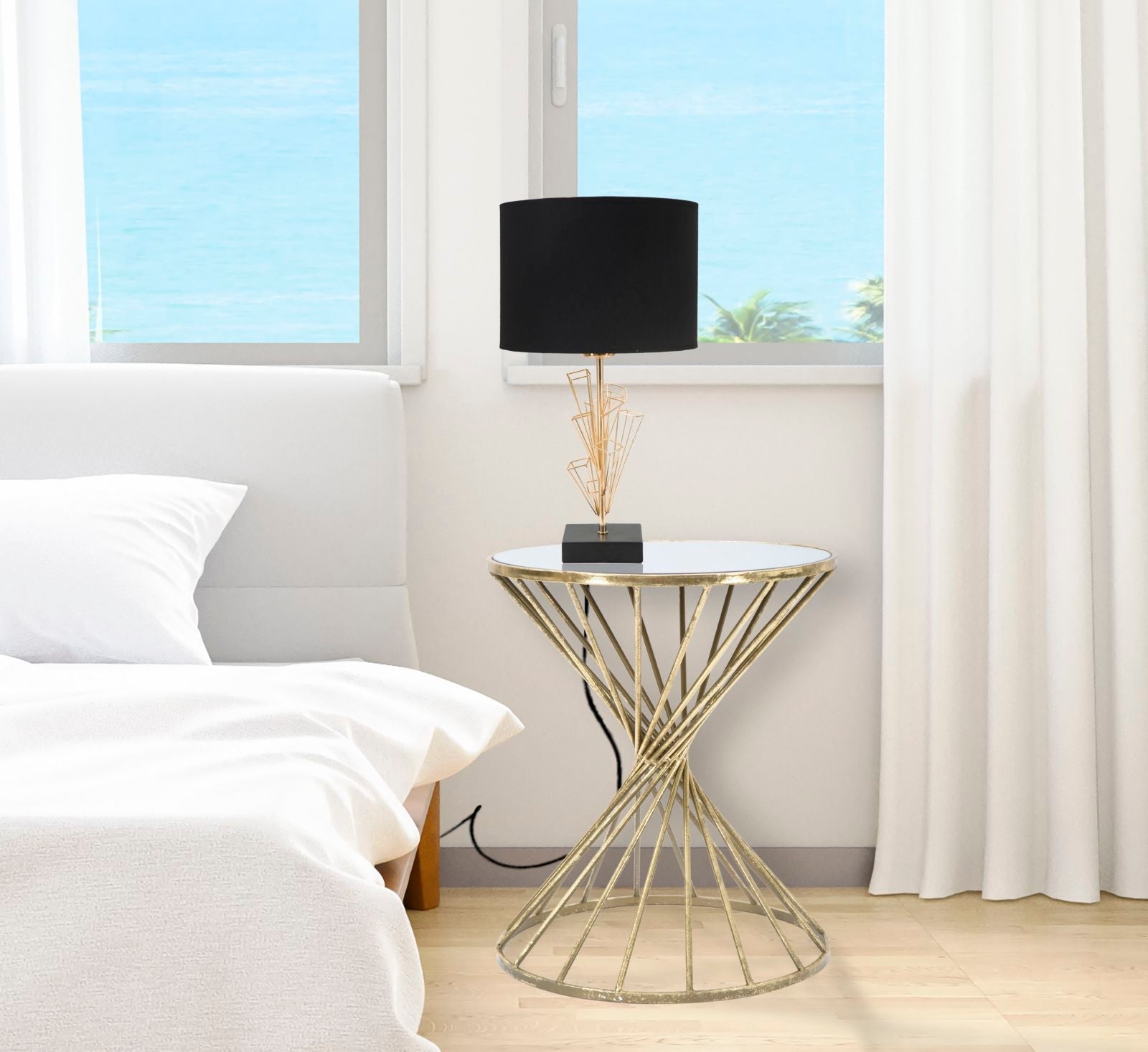 Tavolinetto Hypnos Ø42x50 cm in Ferro MDF e Vetro Oro