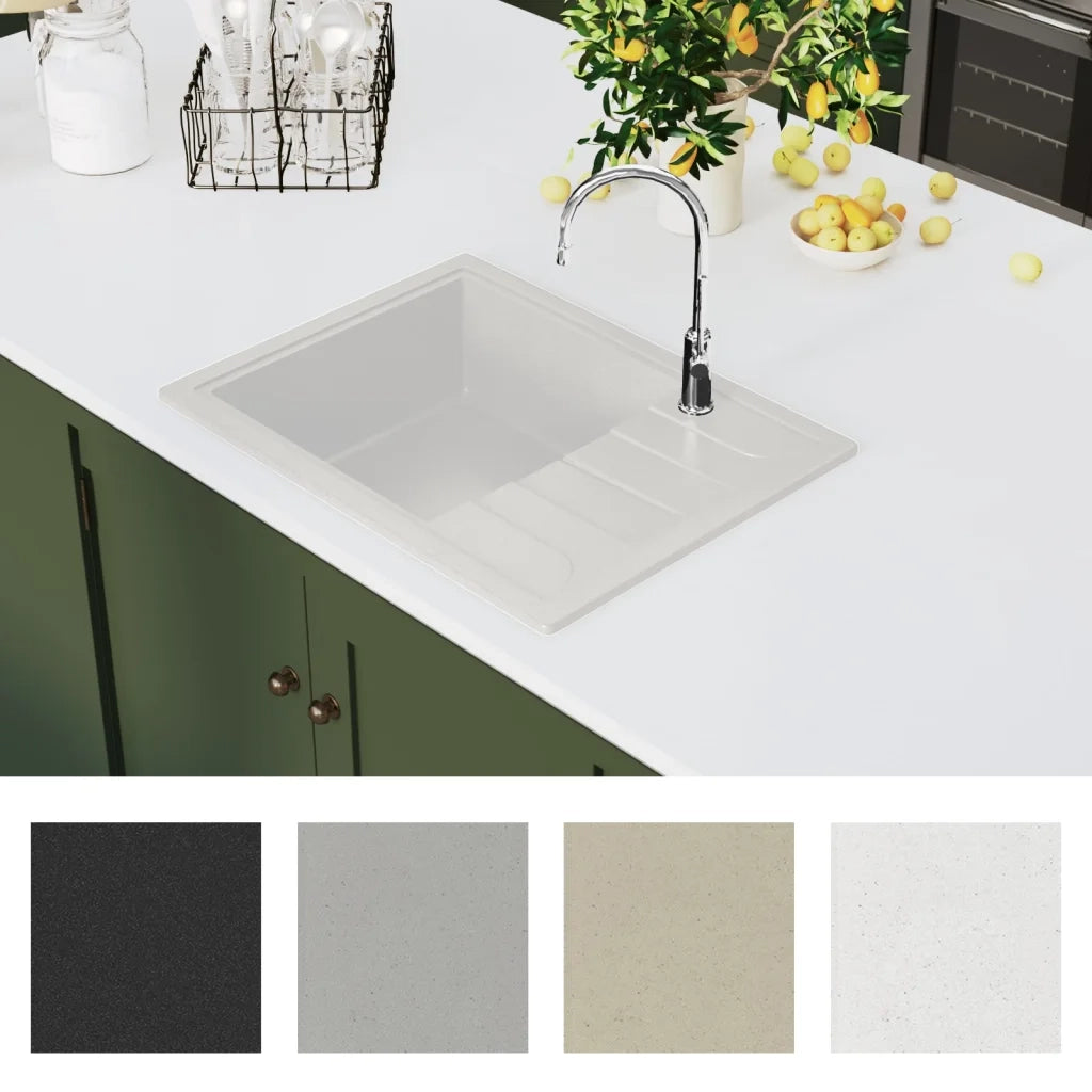 Lavello da Cucina con Foro Troppopieno-Lavandino-Lavabo Ovale Bianco in Granito