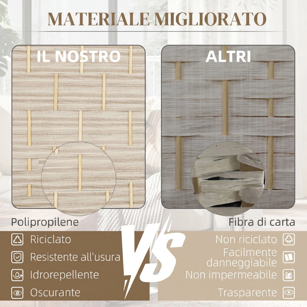 Paravento da Interno a 3 Pannelli Pieghevole 135x180 cm Separé Intrecciato in PP e Legno di Pino Rovere