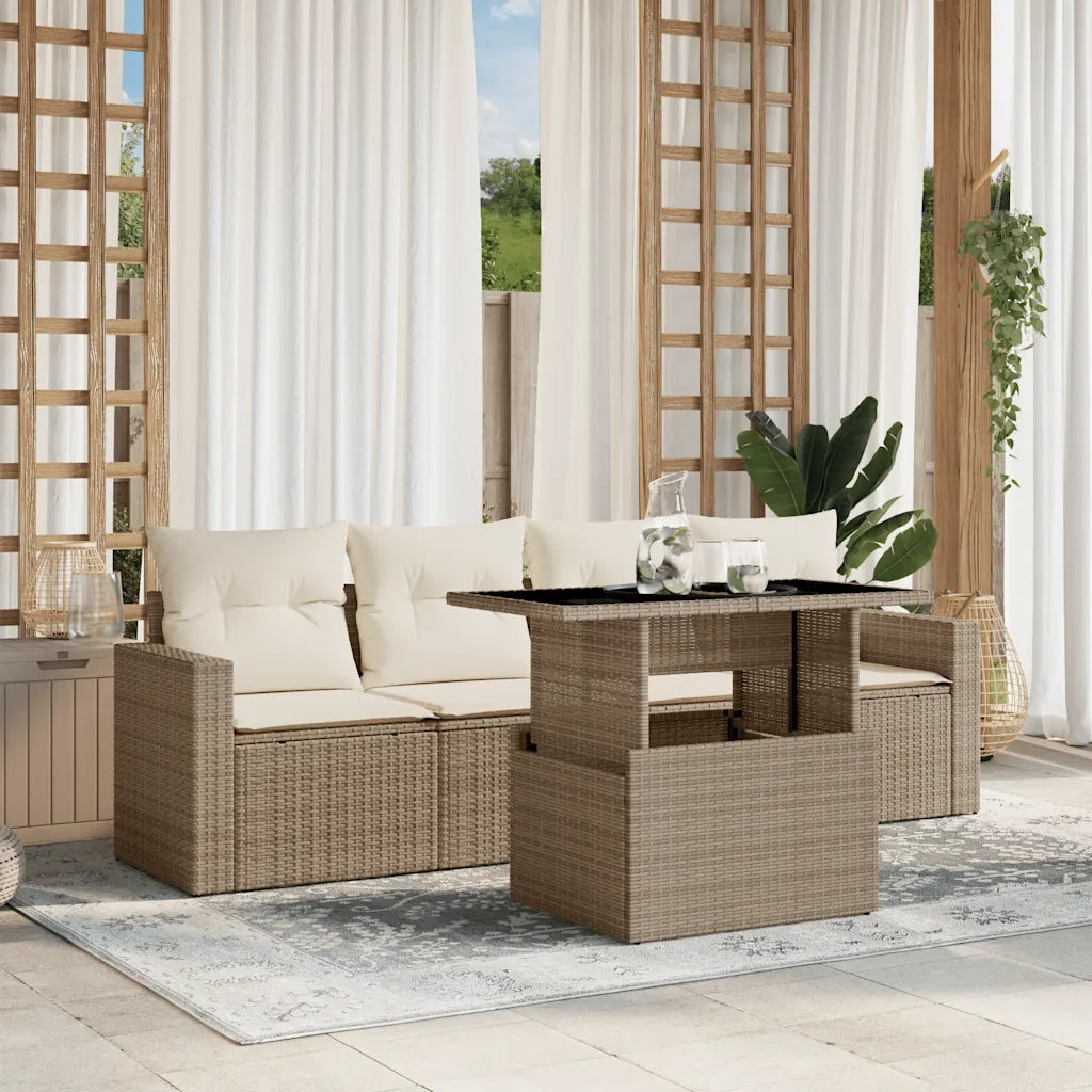 Set Divano da Giardino 5 pz con Cuscini Beige in Polyrattan