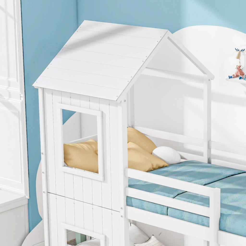 Letto Casetta Letto Singolo 90x200 cm con Sponda di Sicurezza in Legno di Pino Bianco