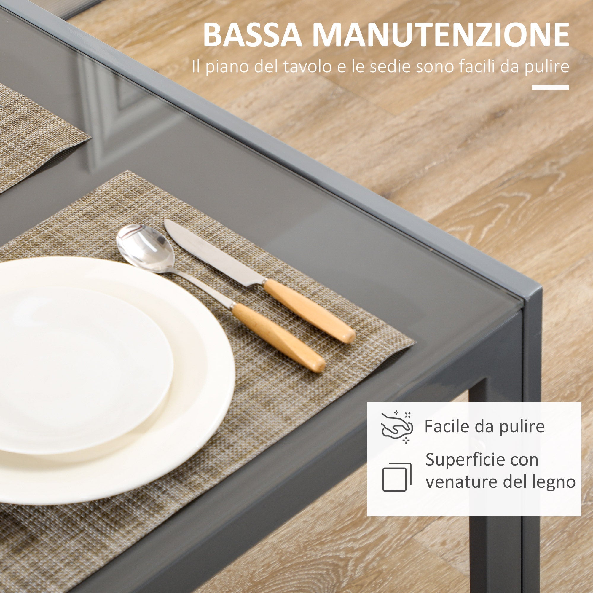 Set da Pranzo Tavolo e 4 Sedie in Similpelle Top in Vetro Temperato Grigio