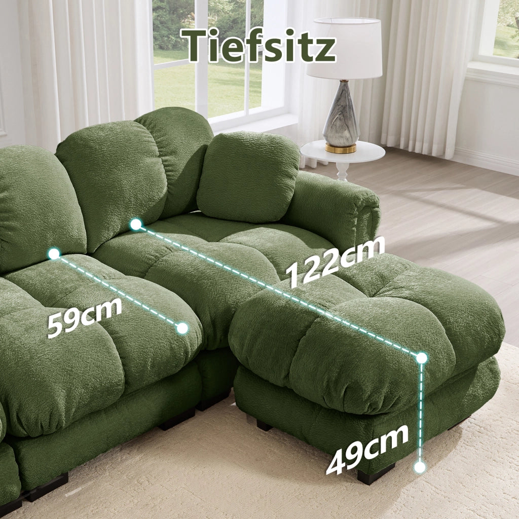 Divano modulare a U con seduta imbottita e cuscino mobile per soggiorno in chenille verde 190 × 149 × 90 cm