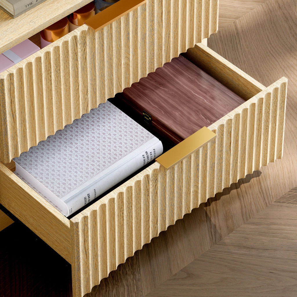 Comodino con 3 cassetti e guide ammortizzate pannelli scanalati MDF rovere camera da letto 58 × 38 × 64 cm