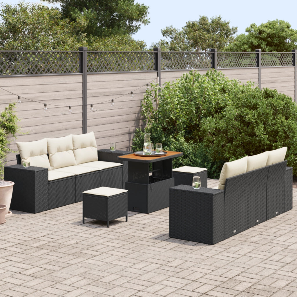 Set divano da giardino 9 pezzi con cuscini nero polyrattan acacia