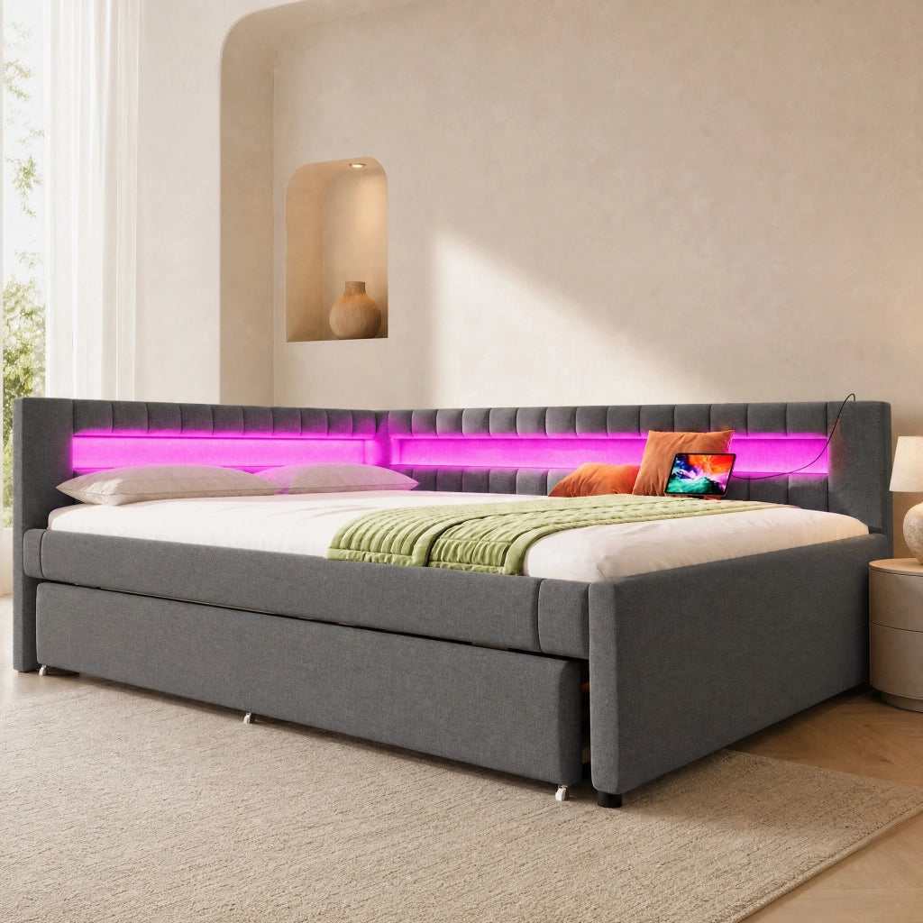 Letto da giorno 140x200 cm con letto estraibile, LED e USB-C