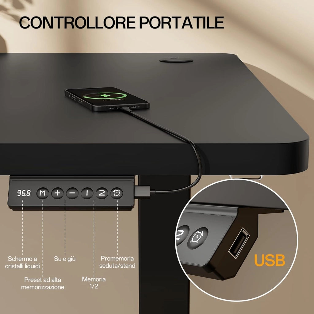 Scrivania Regolabile In Altezza Scrivania Elettrica Con Gestione dei cavi e porta di ricarica USB Altezza Regolabile 73-118 cm, 2 Altezze Di Memoria Scrivania Per Ufficio (Nero, 120x60cm)