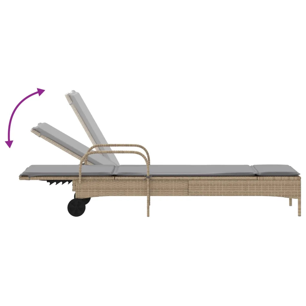 Lettino Prendisole con Ruote e Cuscino in Polyrattan Beige 368311