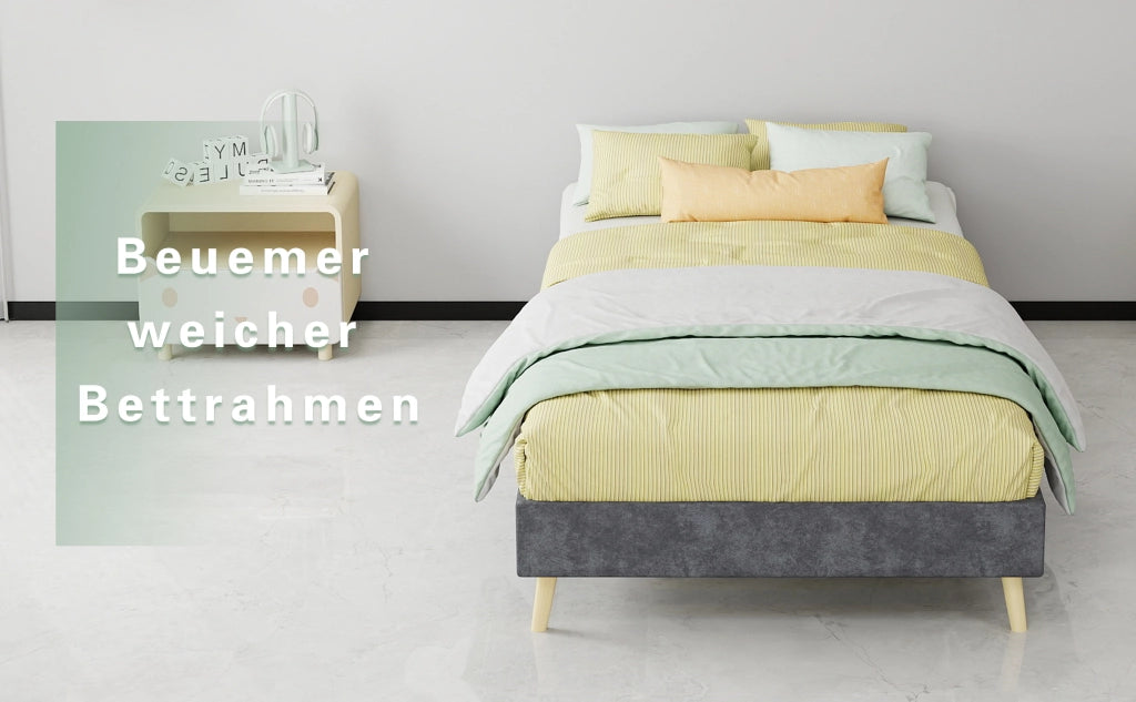 DESMIU Letto singolo 90 × 200 cm con struttura di supporto, senza materasso, in tessuto e metallo, grigio