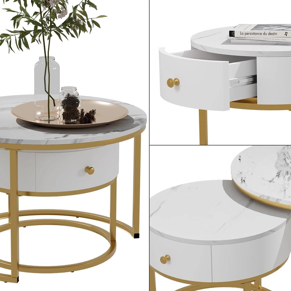 Set di tavolini Madrid, Marmo bianco, 70 x 70 cm, tavolino con cassetto, utilizzabile come tavolino d'appoggio per spazio aggiuntivo