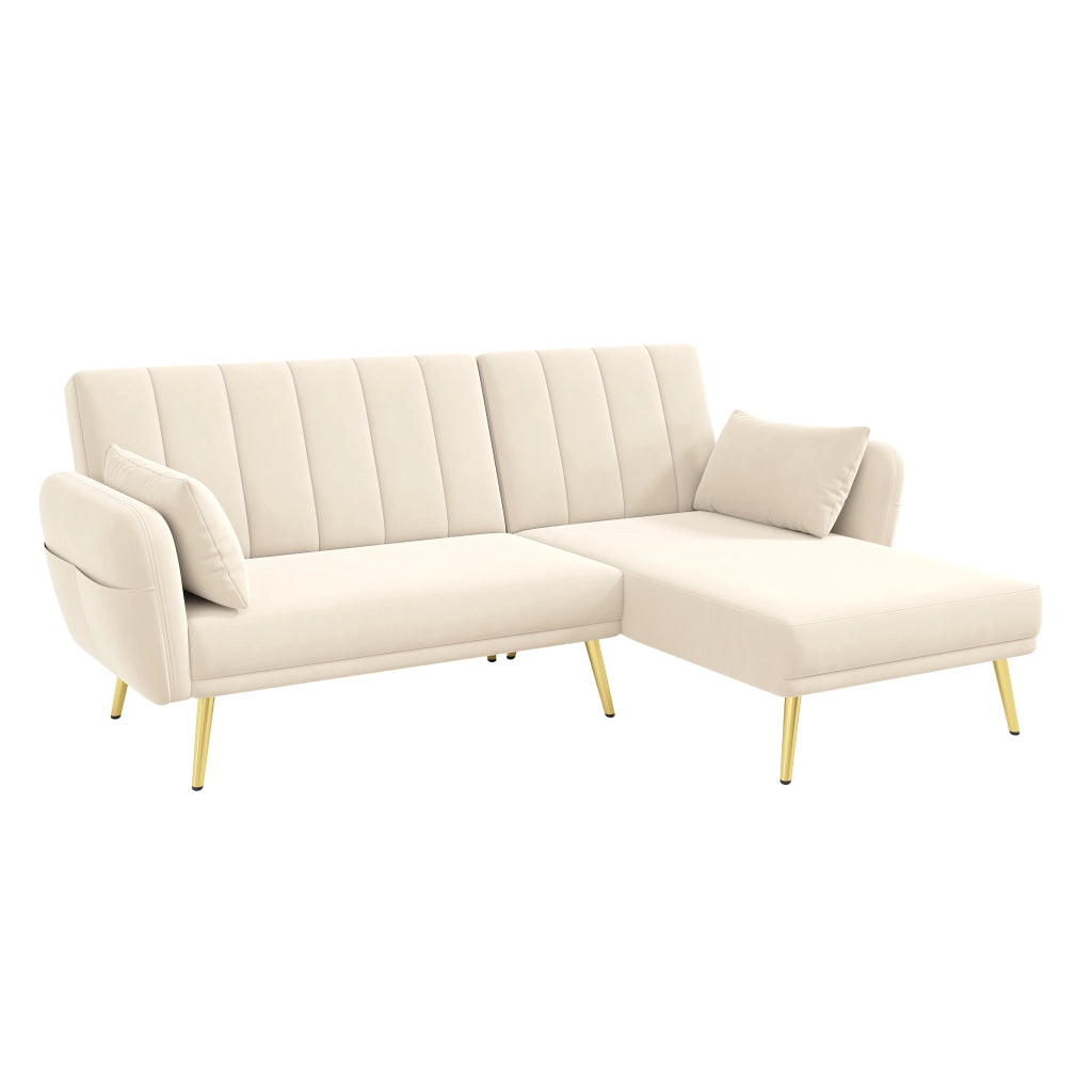 Divano angolare multifunzione in velluto beige con funzione letto e vano portaoggetti laterale