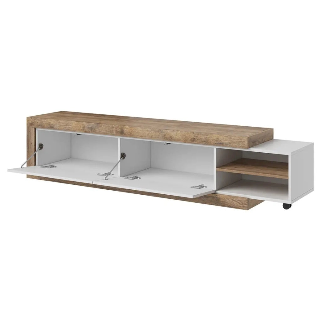 Mobile TV estensibile SINATRA – Rovere e bianco lucido – 2 porte + nicchie – L200 a 240 x H43,4 x P40 cm